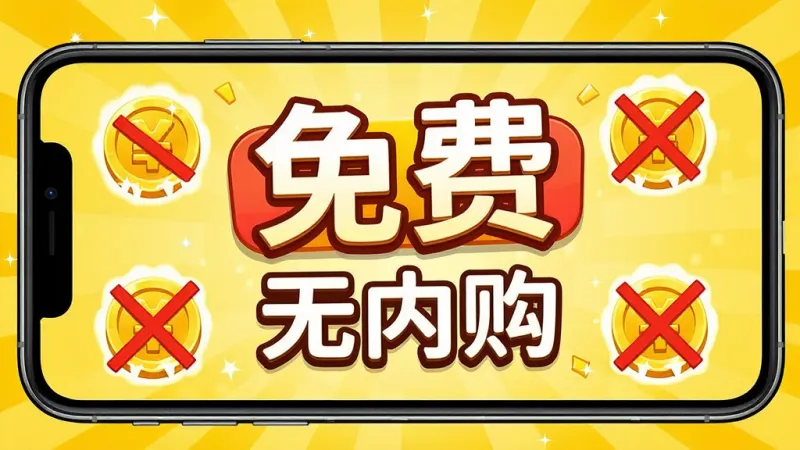 一张展示高智商秀全场免费无内购特点的图片,画面中一个手机屏幕显示着高智商秀全场的游戏胜利界面,界面上有一个大大的“免费”标签和“无内购”字样,周围有金币被划掉的图标,背景是明亮的黄色调,风格活泼卡通,画质干净,无多余元素