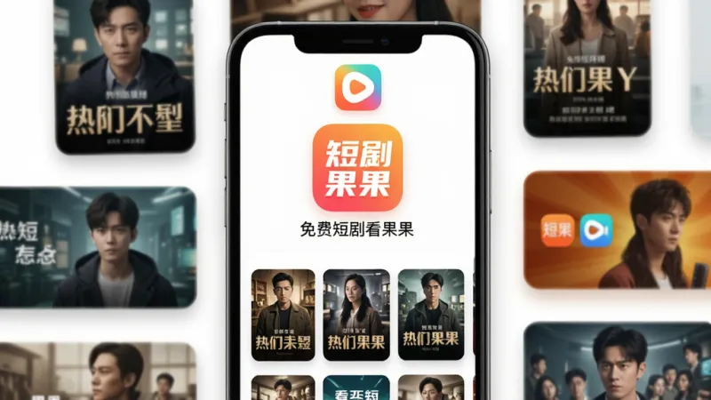 免费短剧看果果 手机应用界面展示 主体是一个竖屏手机屏幕 屏幕中央是免费短剧看果果的软件图标和名称 周围环绕着各种热门短剧的封面海报 布局采用上下结构 上方是软件logo 下方是瀑布流式的剧集封面 排版清晰整齐 风格是明亮现代的扁平化设计 细节上带有圆角元素和柔和的阴影 画质高清 干净 无多余元素