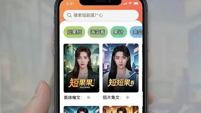 免费短剧看果果 海量短剧随心看 手机屏幕截图 展示软件内的短剧分类页面 布局是顶部有搜索栏 中间是横向滑动的分类标签 下方是双列排布的短剧封面 封面下方有剧名和集数 风格是鲜艳明快的色彩搭配 细节上封面图片清晰 文字标注醒目 画质干净 无多余元素