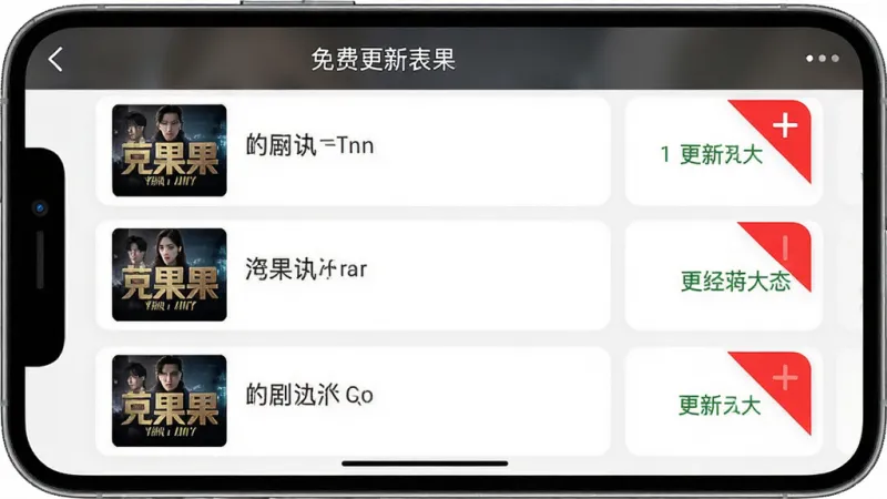免费短剧看果果 更新速度快同步 手机屏幕截图 展示软件的更新列表页面 布局是列表形式 每行显示剧集封面 剧名和更新状态 风格是卡片式设计 细节上更新状态用醒目的红色角标标注 文字清晰易读 画质干净 无多余元素
