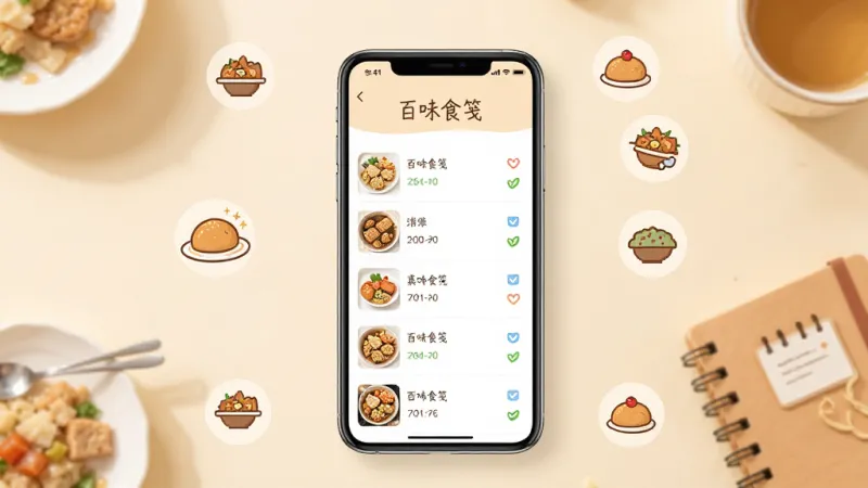 一张展示“百味食笺”软件主界面的图片,画面中央是手机屏幕,屏幕里显示着简洁的美食记录列表,顶部有“百味食笺”的标题,背景是温馨的暖色调,周围散落着美食小图标和笔记本元素,风格清新简约,画质干净,无多余元素