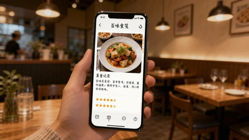 一张展示“百味食笺”记录功能的图片,画面中一只手拿着手机,屏幕上正在编辑一条美食记录,包含美食照片、文字描述和评分星星,背景是温馨的餐厅环境,风格生活化,画质清晰,无多余元素