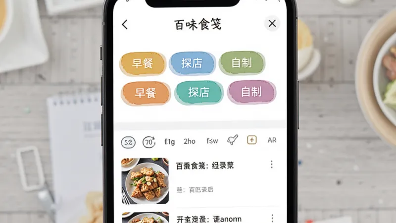 一张展示“百味食笺”标签筛选界面的图片,画面中手机屏幕显示多种彩色标签,如“早餐”“探店”“自制”等,标签排列整齐,下方是筛选后的美食记录列表,风格清爽,画质干净,无多余元素