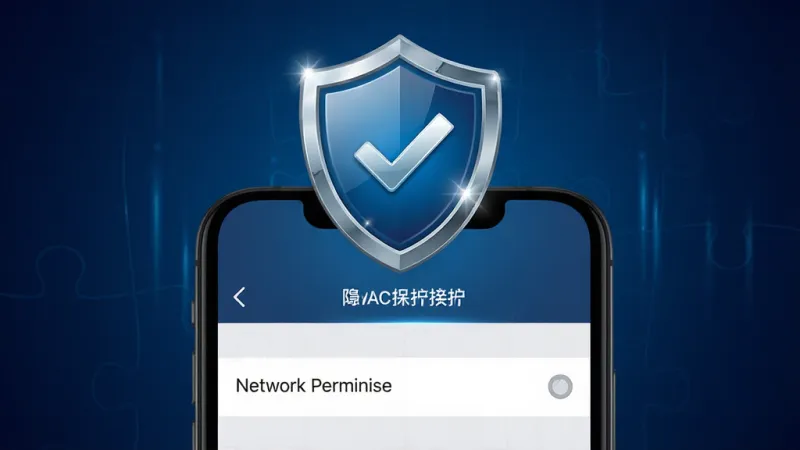 一张展示拼图拼接应用隐私保护特性的图片,画面中一部手机屏幕显示拼图拼接的设置页面,网络权限处于关闭状态,手机上方有一个盾牌形状的图标,盾牌内有一个勾选标记,背景是深蓝色渐变,风格科技感且安全,细节到盾牌图标的光泽和手机屏幕上的文字,画质高清,干净无多余元素