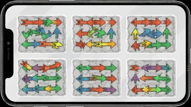 箭头工厂游戏关卡选择界面,画面中显示多个不同布局的关卡缩略图,每个缩略图里有不同排列的箭头,背景是浅灰色,风格统一简洁,画质干净,手机屏幕截图风格