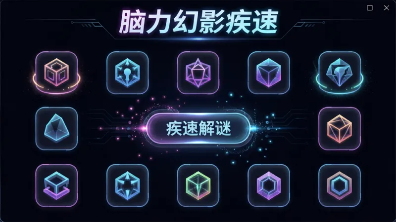 脑力幻影疾速 软件主界面全景展示,主体为居中排列的多个发光几何关卡图标,布局采用上下结构,顶部显示脑力幻影疾速标题,中间是悬浮的疾速解谜入口按钮,排版简洁明了,风格为暗黑科技感与霓虹光效结合,细节包含光晕、粒子特效、圆角图标,画质高清,干净,无多余元素