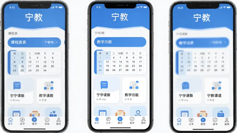 一张展示宁教APP核心界面的手机屏幕截图,画面中央是宁教APP的首页,顶部有“宁教”文字标识,中间区域显示课程表或教学功能入口卡片,底部为导航栏,整体采用蓝白配色,风格简洁现代,画质清晰干净,无多余元素