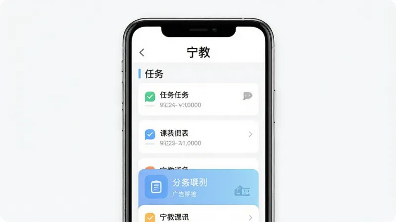 一张展示宁教APP无广告清爽界面的示意图,画面中手机屏幕显示简洁的任务列表和课表入口,顶部有“宁教”文字,背景纯净,风格极简,画质清晰干净,无多余元素
