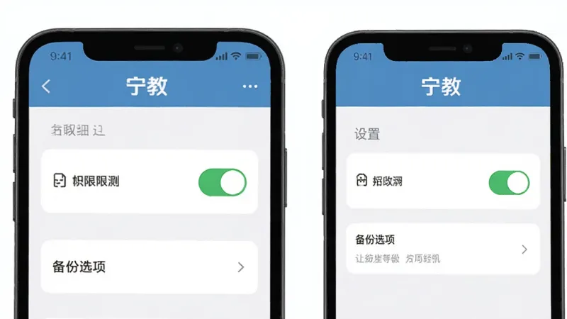 一张展示宁教APP设置界面的示意图,画面中手机屏幕显示权限开关和备份选项,顶部有“宁教”标识,界面布局清晰,风格现代扁平,画质干净无多余元素