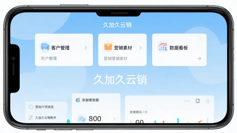 一张展示久加久云销软件核心全貌的手机界面截图,手机屏幕居中,屏幕内显示久加久云销的首页,顶部有客户管理、营销素材、数据看板三个卡片入口,背景是浅蓝色渐变,界面风格现代扁平,文字清晰可见“久加久云销”字样,画面干净整洁,无多余元素,画质高清。