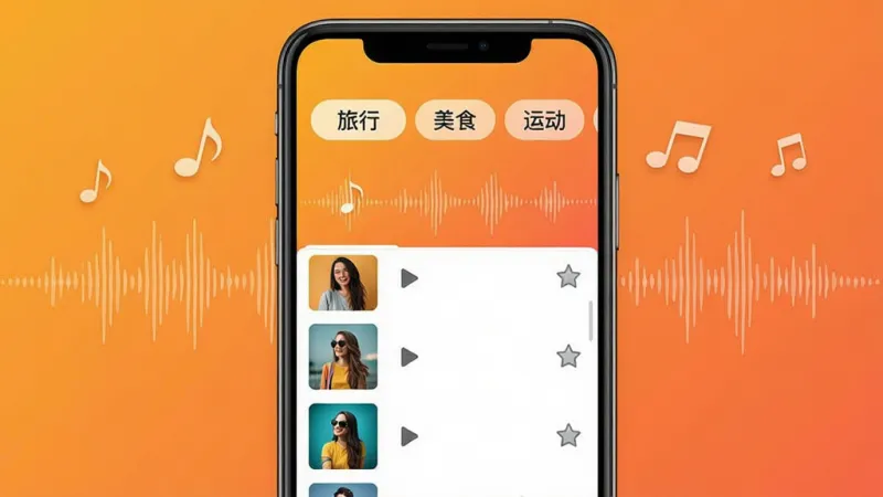 剪印象剪辑音乐选择界面展示,手机屏幕上半部分显示音乐分类标签如旅行、美食、运动、搞笑,下半部分是音乐列表带有播放按钮和收藏图标,画面中飘浮着音符和声波纹理,背景为暖橙色渐变,风格活泼明快,布局清晰,画质干净无多余元素