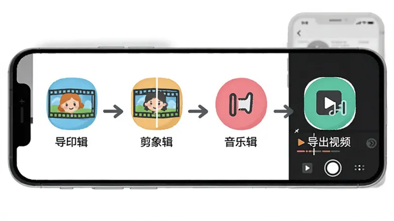 剪印象剪辑新手操作示意图,手机屏幕展示导入视频、拖拽剪辑、添加音乐、导出视频四个步骤的图标流程,每个步骤配有简短文字说明,整体为横向流程图布局,风格卡通扁平化,色彩明快,画质干净清晰无多余元素