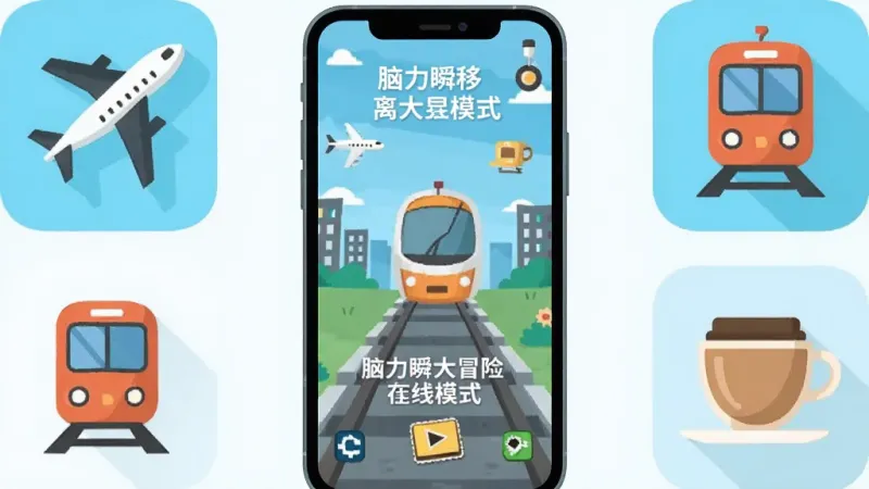 脑力瞬移大冒险离线模式界面,手机屏幕显示游戏画面,周围环绕飞机、地铁、咖啡杯等生活元素图标,布局为居中展示,风格为扁平化插画,细节简洁明快,画质干净,无多余元素