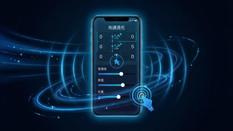 一张展示光速连点器核心全貌的科技风格海报,画面中央是一个发光的手机屏幕,屏幕上显示着光速连点器的操作界面,有清晰的点击坐标和连点参数设置滑块,手机周围环绕着代表速度的蓝色光轨和点击波纹特效,背景是深色渐变,整体布局简洁大气,风格偏向现代科技感与扁平化设计融合,细节上光轨要细腻流畅,画质干净无多余元素