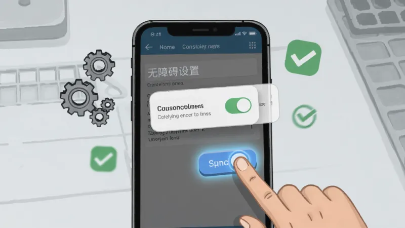 一张展示光速连点器新手设置步骤的示意图,画面中一部手机屏幕上显示着无障碍设置界面和悬浮窗权限开关,旁边有手指正在点击开启按钮,手机周围漂浮着齿轮和勾选图标,背景是浅灰色工作台桌面,布局清晰有层次,风格偏向教程插图,细节上按钮要有按压状态的高亮效果,画质干净无多余元素