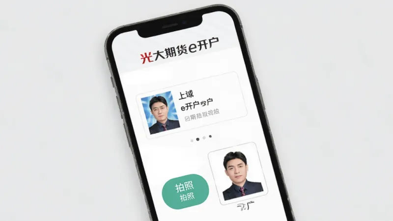 一张展示光大期货e开户软件开户流程界面的图片,画面中手机屏幕显示身份证上传页面,屏幕上方有光大期货e开户的文字标识,下方有拍照上传按钮和示例图框,背景为浅灰色,风格简洁商务,画质清晰干净