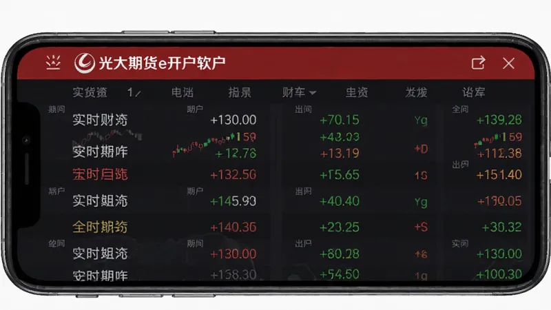 一张光大期货e开户软件的行情展示界面截图,手机屏幕中显示多个期货合约的实时价格列表,红色和绿色数字交替排列,顶部有光大期货e开户的品牌栏,背景为深色模式,风格专业金融,画质干净无杂乱元素