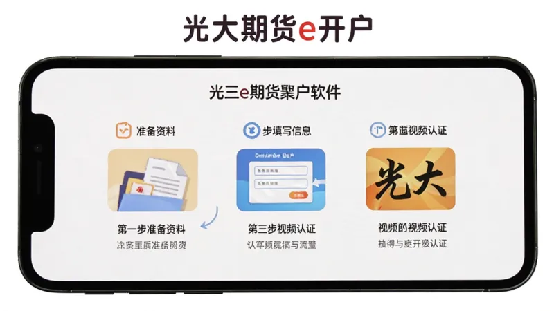 一张光大期货e开户软件新手引导页面的图片,手机屏幕显示开户步骤的图文教程,包括第一步准备资料、第二步填写信息、第三步视频认证等,屏幕上方有光大期货e开户文字,背景为白色,风格友好亲切,画质清晰