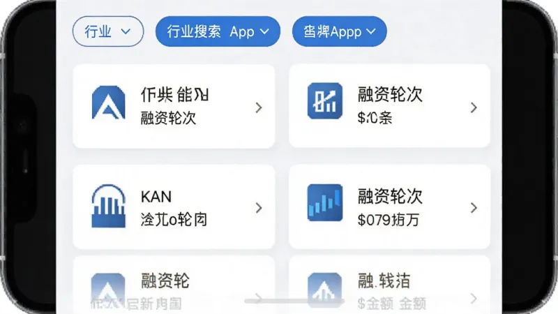 企名片搜索App的融资动态页面截图,画面中显示多条融资快讯卡片,每条包含公司logo、名称、融资轮次和金额,顶部有行业筛选标签,整体排版整齐,白底蓝字为主,风格商务简洁,画质干净无多余元素