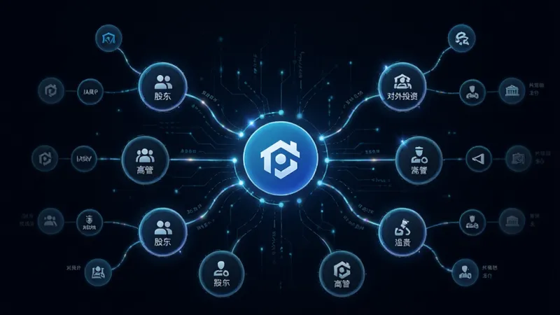 企名片搜索App的企业关系图谱页面,画面中心是一家公司图标,向外延伸出股东、高管、对外投资等多条连线,节点用圆形图标表示,背景深色,线条发光,风格科技感,画质清晰,无多余元素