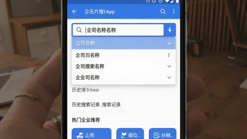 企名片搜索App在安卓手机上的操作界面截图,画面展示搜索框输入公司名称后弹出的联想列表,下方有历史搜索记录和热门企业推荐,界面以白色和蓝色为主,布局清晰,风格简洁商务,画质干净