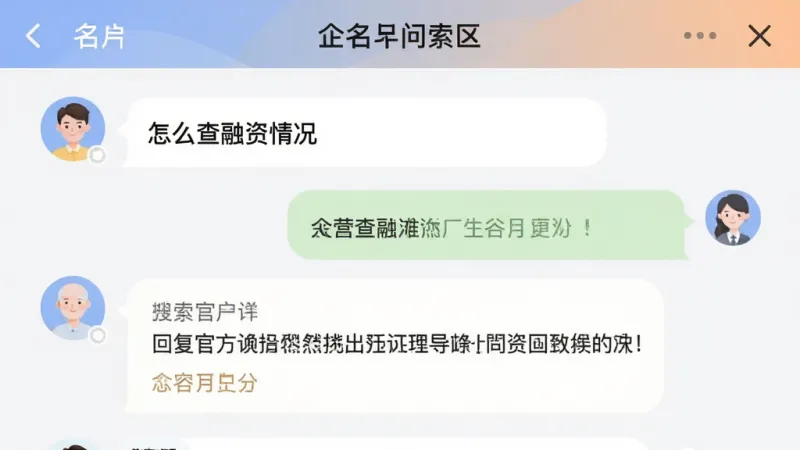 企名片搜索App的问答社区界面截图,画面展示用户提问和官方回复的对话气泡,问题关于“怎么查融资情况”,回复内容清晰,界面配色柔和,风格友好,画质干净无多余元素