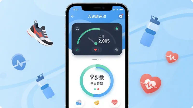 万达康运动app主界面展示,手机屏幕居中,背景是浅蓝色渐变运动风格,屏幕内显示运动数据仪表盘和今日步数圆环,周围漂浮着运动鞋、水杯、心率图标,整体布局简洁,风格现代扁平,细节圆润,画质干净无多余元素