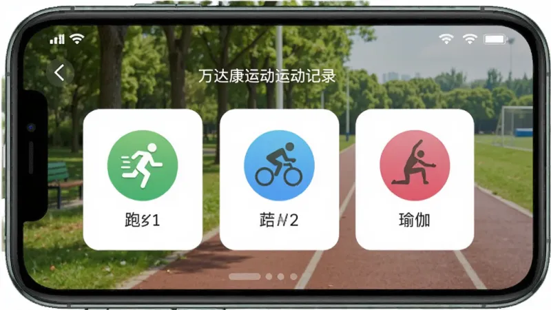 万达康运动运动记录界面,手机屏幕显示跑步、骑行、瑜伽三种运动模式的图标排列,背景是户外公园场景,有树木和跑道,风格清新自然,画质干净无多余元素