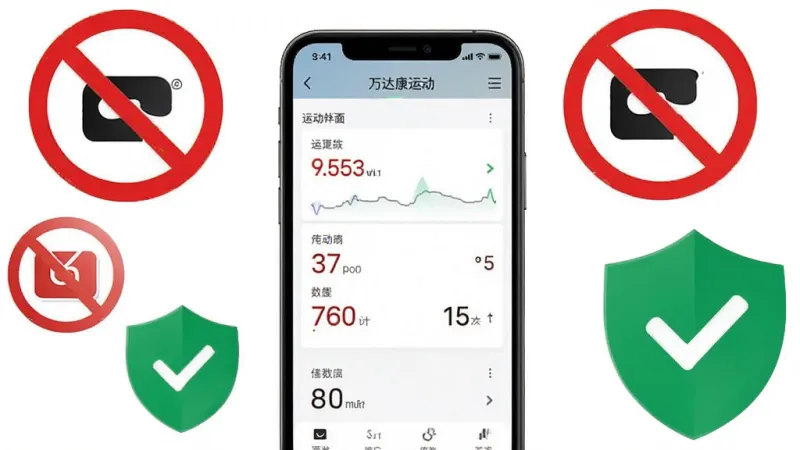 万达康运动无广告界面展示,手机屏幕干净显示运动数据,周围环绕着禁止广告图标和绿色盾牌,背景纯白简洁,风格极简,画质干净无多余元素