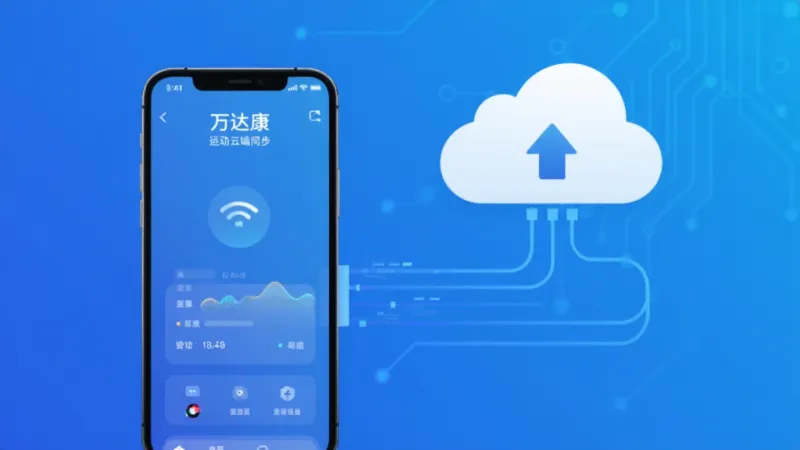 万达康运动云端同步示意图,手机屏幕显示数据上传云端的动画效果,云朵图标和手机之间有数据线连接,背景是科技蓝渐变,风格现代扁平,画质干净无多余元素