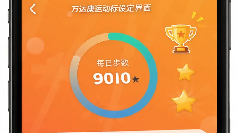 万达康运动目标设定界面,手机屏幕显示每日步数目标圆环进度条,旁边有奖杯和星星图标,背景是温暖的橙色渐变,风格活泼,画质干净无多余元素