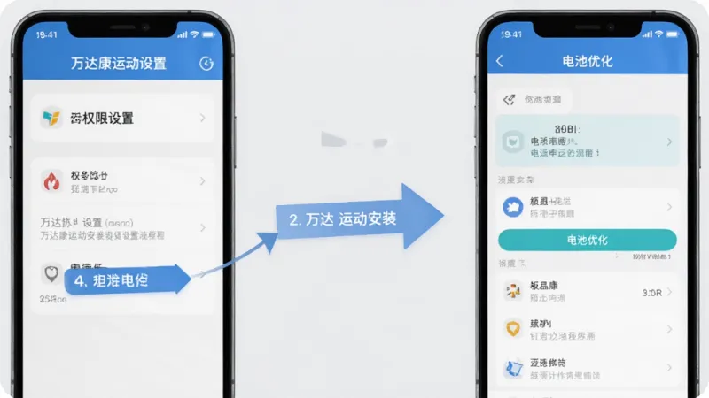 万达康运动安装设置流程图,手机屏幕显示权限设置和电池优化界面,有箭头指示操作步骤,背景是浅灰色,风格简洁明了,画质干净无多余元素