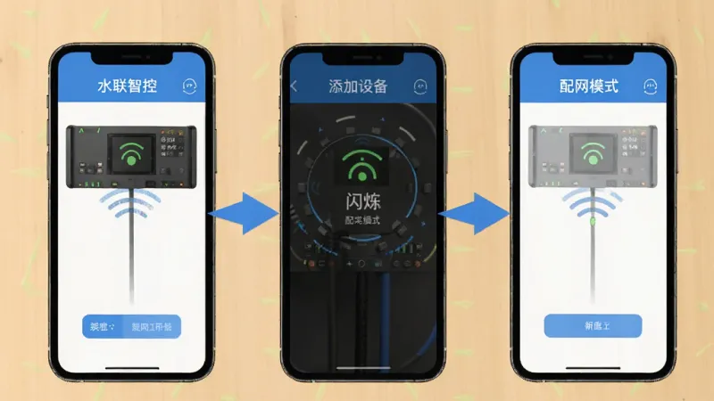 水联智控 新手操作步骤图 手机界面 添加设备 配网模式 指示灯闪烁 蓝色引导箭头 简洁画质
