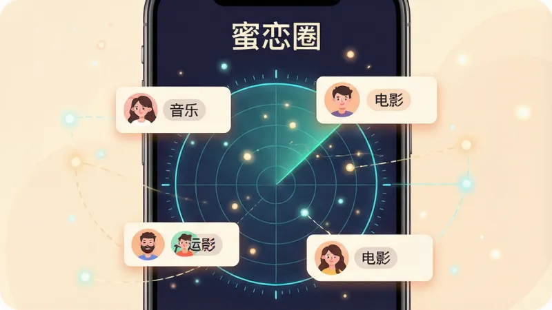 一张展示蜜恋圈智能匹配功能的AI生图,画面主体是一个手机屏幕,屏幕中央显示着一个雷达扫描的动画效果,雷达圈内浮现出多个带有用户头像的卡片,卡片上标注着“音乐”、“电影”、“运动”等兴趣标签,屏幕上方有“蜜恋圈”文字,布局采用中心对称构图,风格是科技感与温暖社交结合的插画风,细节包括柔和的发光粒子和连接线,画质高清,干净无多余元素。