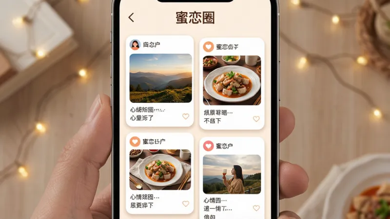 一张展示蜜恋圈动态广场功能的AI生图,画面主体是一个手机屏幕,屏幕里显示着瀑布流形式的用户动态卡片,卡片上有风景照、美食照和简短的文字心情,屏幕顶部有“蜜恋圈”三个字,布局是错落有致的双列排版,风格是温暖治愈的生活记录风,细节包括卡片圆角和柔和阴影,画质高清,干净无多余元素。