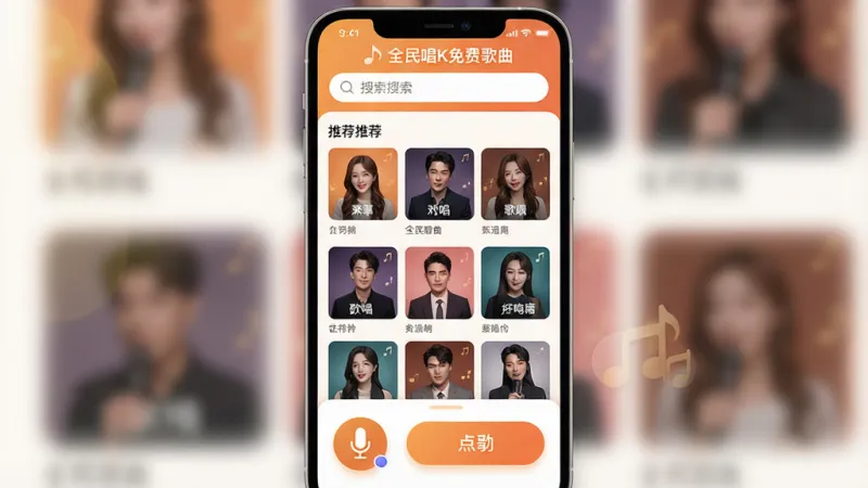 一张展示手机唱歌软件界面的图片,画面中央是“全民唱K免费歌曲”应用的主页,布局清晰,顶部有搜索栏,中间是推荐歌曲封面墙,底部有麦克风图标和点歌按钮,整体风格现代简洁,色调温暖明亮,细节圆润,画质干净无多余元素,文字清晰可辨。
