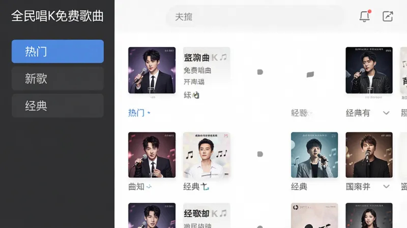 一张展示音乐曲库分类界面的图片,画面中“全民唱K免费歌曲”的曲库页面清晰可见,左侧是分类标签如“热门”、“新歌”、“经典”,右侧是歌曲列表和专辑封面,风格简洁明快,布局整齐,画质干净无多余元素。