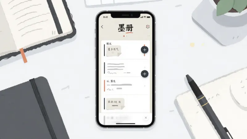 画面中央展示一部智能手机,屏幕上打开着“墨册”APP的主界面,界面设计简洁,以浅色背景为主,顶部有“墨册”文字logo,中间是笔记列表,右侧有一个悬浮的加号按钮,手机周围散落着几本纸质笔记本和一支笔,背景是干净的书桌,风格为现代扁平插画,细节清晰,画质干净,无多余元素