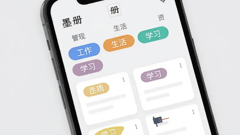 画面展示一个手机屏幕,屏幕上显示“墨册”APP的标签管理界面,各种彩色标签如“工作”、“生活”、“学习”整齐排列,下方是带有对应标签的笔记卡片,界面清晰直观,背景是淡灰色,风格为现代扁平插画,画质干净,无多余元素