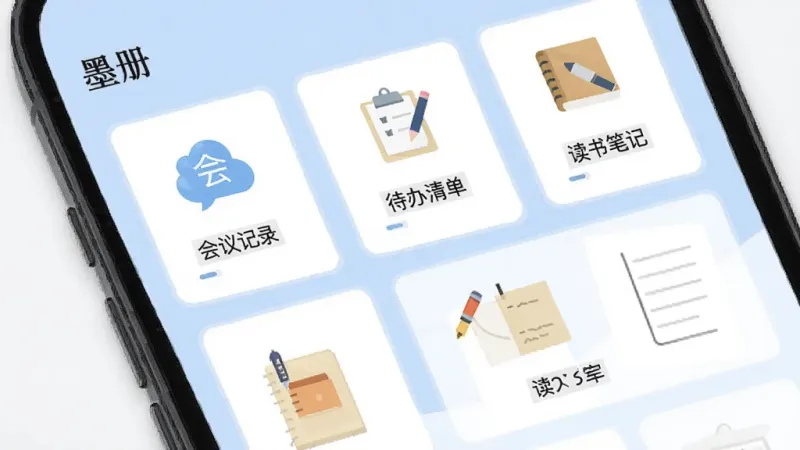 画面展示一个手机屏幕,屏幕上显示“墨册”APP的模板选择界面,展示了会议记录、待办清单、读书笔记等模板卡片,每个卡片上都有对应的图标和文字说明,界面整洁,背景是浅蓝色,风格为现代扁平插画,画质干净,无多余元素