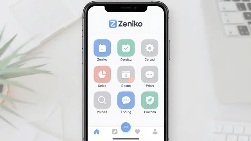 一张展示Zeniko软件核心界面的图片,主体是手机屏幕中显示Zeniko应用的主页,布局简洁清晰,顶部有Zeniko标志,中间是核心功能入口图标排列整齐,底部为导航栏,排版采用居中构图,风格为现代扁平化设计,细节上图标圆润、色彩柔和,画质干净无多余元素,整体色调清爽明亮