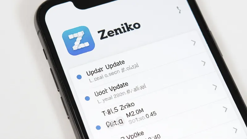 一张展示Zeniko软件更新日志和版本迭代的图片,主体是手机屏幕显示Zeniko的关于页面,布局为纵向列表排版,上方是软件图标和名称“Zeniko”,下方是版本更新记录列表,风格为清爽工具类设计,细节上每条更新记录前面有小圆点标识,画质干净无多余元素