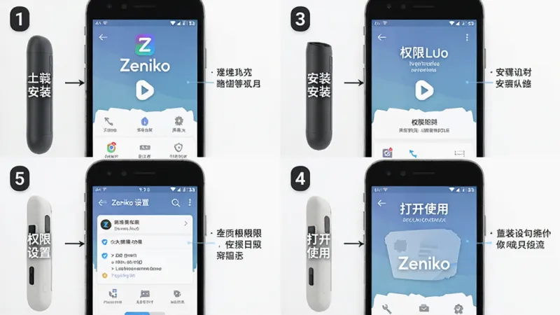 一张展示Zeniko软件安装步骤和权限设置的图片,主体是手机屏幕分步显示安装流程,布局为四格分镜排版,分别展示下载、安装、权限设置、打开使用四个步骤,风格为教程类信息图,细节上每格有数字序号和简短说明文字,画质干净无多余元素,图片中带有“Zeniko”字样