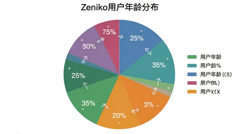 一张展示Zeniko用户年龄分布的饼状图,主体是圆形饼图,布局为居中展示,周围有图例标注,风格为数据可视化图表,细节上每个扇形区域用不同颜色区分并标注百分比,画质干净无多余元素,图片标题为“Zeniko用户年龄分布”