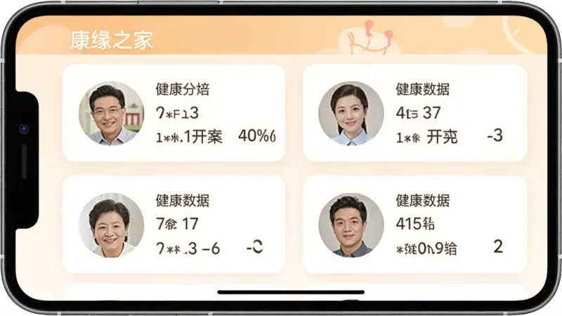 手机应用“康缘之家”的界面截图，展示家庭成员健康档案列表，每个成员有头像和最近一次的健康数据摘要，界面采用卡片式布局，风格温馨，画质清晰无杂乱元素