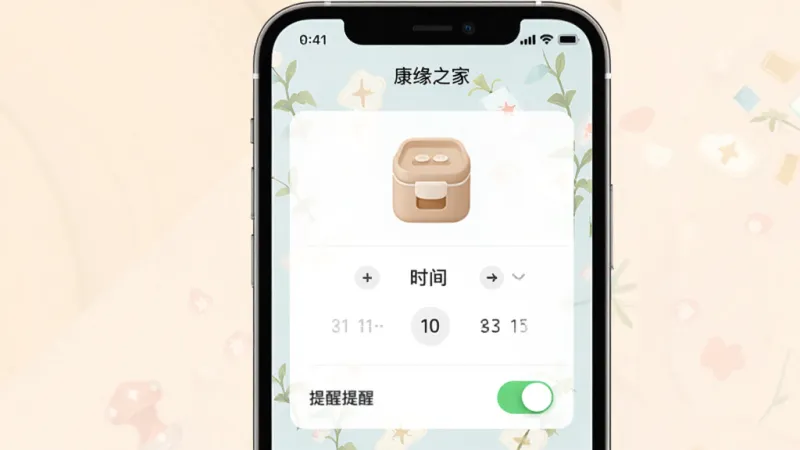 手机屏幕显示“康缘之家”的用药提醒设置界面，有药盒图标、时间选择器和提醒开关，背景为柔和的浅色，布局清晰，风格简洁，画质干净