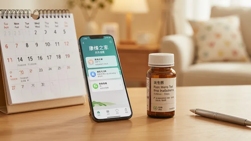 一部手机和一瓶药放在桌面上，手机屏幕显示“康缘之家”的用药提醒界面，旁边有日历和笔，背景是温馨的家居环境，光线柔和，风格写实，画质清晰