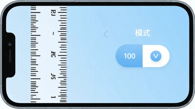 手机屏幕显示尺子测距测量仪的功能界面，左侧是直尺刻度，右侧是测距模式切换按钮，背景是浅蓝色渐变，界面布局清晰，文字标签明确，风格现代扁平，细节圆润，画质干净无多余元素