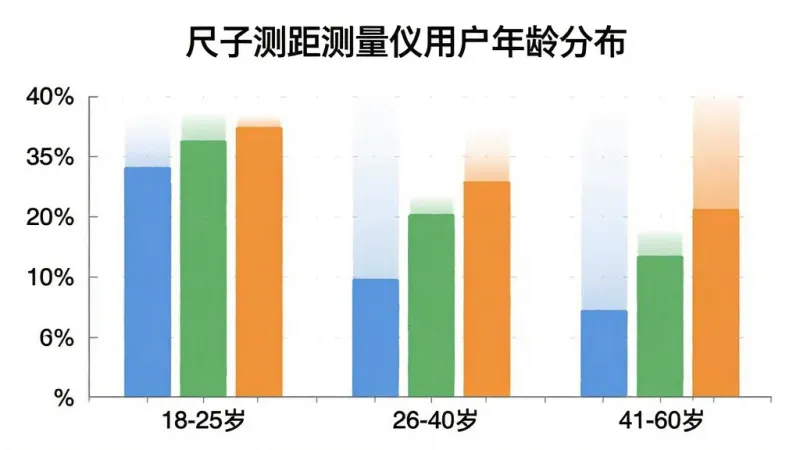 柱状图展示不同年龄段用户占比，横轴为年龄段18-25岁、26-40岁、41-60岁，纵轴为用户百分比，柱状图颜色分别为蓝色、绿色、橙色，背景白色，图表标题“尺子测距测量仪用户年龄分布”，风格简洁现代，画质干净无多余元素