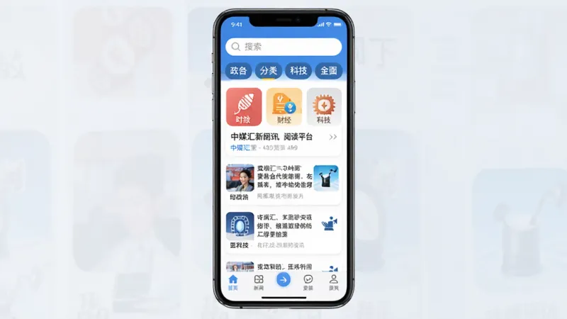 中媒汇新闻资讯阅读平台主界面,手机屏幕中央显示中媒汇App首页,顶部搜索框和分类标签,中部新闻信息流卡片式排列,包含时政、财经、科技等频道图标,底部导航栏清晰,整体布局简洁明快,蓝白配色为主,风格现代扁平,细节圆润,画质干净无多余元素